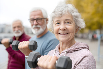 A joyful senior woman lifts dumbbells with a diverse group, celebrating an active and healthy lifestyle with a bright smile