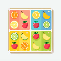 A colorful, flat-design illustration showcasing various sliced fruits arranged in a grid layout.