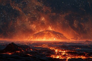 Epic cosmic landscape of a molten planet rising over a fiery lava sea under a starry nebula.