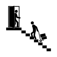 Black and white stick figure, flat vector illustration. Concept of delivery, moving service, logistics, courier and transportation. Minimalistic pictogram style.