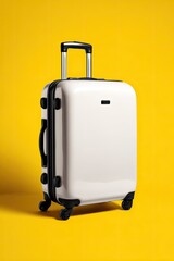 A white hard-shell rolling suitcase against a bright yellow backdrop