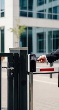 Hand with access card unlocking security gate with modern contactless reader in business district secure entrance system