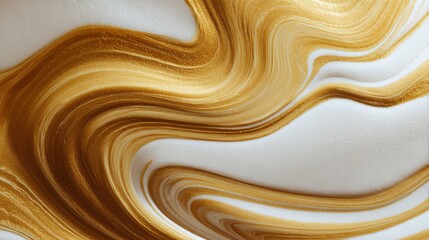 Luxury golden abstract with fluid marbled paint texture, shimmering metallic flowing waves on elegant white background in opulent artistic design style