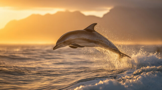 Bottlenose dolphin leaping out of the ocean at sunrise golden light waves splashing dramatic seascape wildlife freedom nature marine mammal jumping energy summer travel adventure exotic beauty