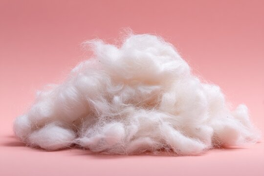 Fluffy white fibers piled on a pale pink backdrop