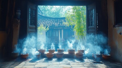 Ancient Asian courtyard, incense burning