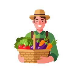 Happy Farmer Holding Basket Full of Fresh Vegetables Cartoon Illustration