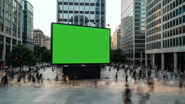 Large Green Screen Billboard in Bustling City Square with Motion Blurred Pedestrians and Modern Buildings, Ready for Digital Content or Advertiseme...