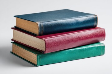 Three vintage books stacked vertically, displaying aged leather-bound covers in varying shades of teal, maroon, and navy blue. Cream-colored pages are visible