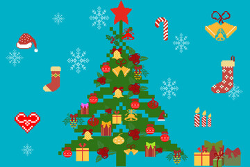 Pixel art style Christmas tree with gifts, ornaments, snowflakes, and holiday decorations on blue background, perfect for festive design and greeting cards.