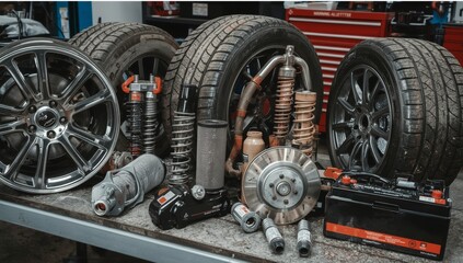 Detailed Car Components on Workshop