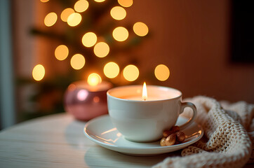 Cozy Winter Evening: Warm Mug, Candlelight, and Festive Decorati