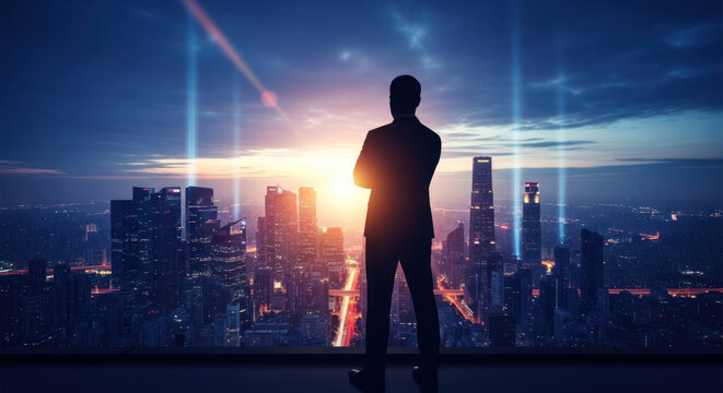 Silhouette of a successful businessman with arms crossed, looking over a futuristic city skyline at sunset. - Powered by Adobe