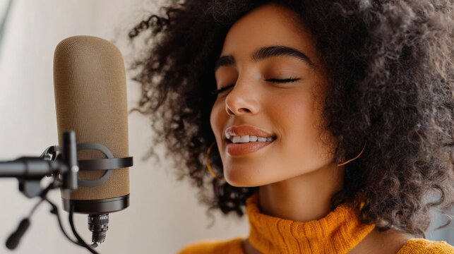 Portrait of woman with closed eyes singing into microphone indoors - Powered by Adobe