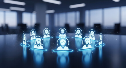 A digital representation of a diverse team of professionals connected in a virtual network, symbolizing collaboration and human resources within a modern office environment.