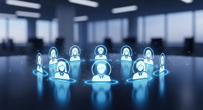 A digital representation of a diverse team of professionals connected in a virtual network, symbolizing collaboration and human resources within a modern office environment.