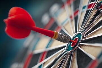 A red dart perfectly hits the bullseye on the dartboard, symbolizing ultimate success and achieving a very clear goal.