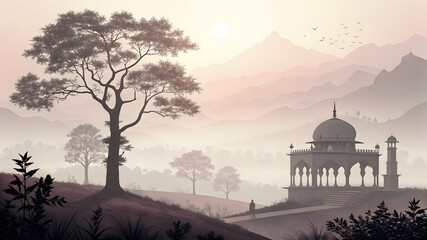 Obraz premium Serene landscape with ancient structure and solitary figure ancient architecture dome
