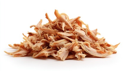 Pile of shredded cooked chicken breast on white background