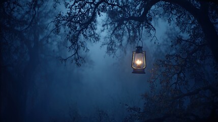 A vintage lantern hangs in the air, casting a creepy glow in the misty woods at night, creating a mysterious and atmospheric scene that highlights the brilliance of the old-fashioned lantern.