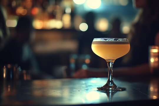 Generative AI image of stylish bar setting with alcoholic drink and ice on counter in vibrant nightlife atmosphere