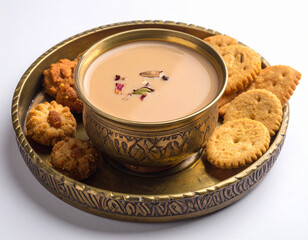 Chai with snack and tray on white background