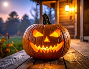 Fototapeta premium Intricately Carved Spooky Jack-O-Lantern on Wooden Porch at Night