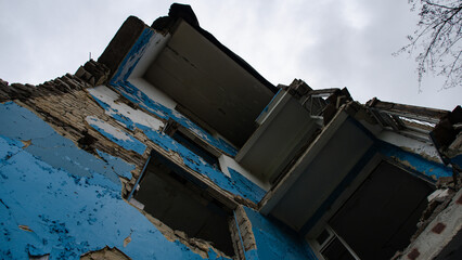 ruined street and destroyed houses the city Kiev war in Ukraine