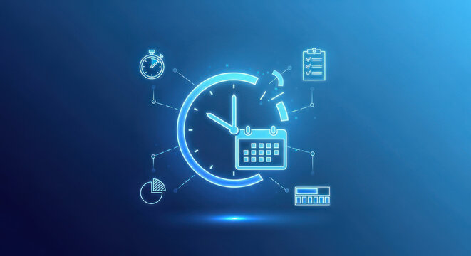 Digital clock and calendar symbolize time management and scheduling efficiency.
