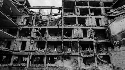 ruined street and destroyed houses the city Kiev war in Ukraine