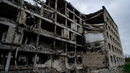 ruined street and destroyed houses the city Kiev war in Ukraine