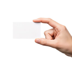 Hand holding a blank white business card isolated on transparent background