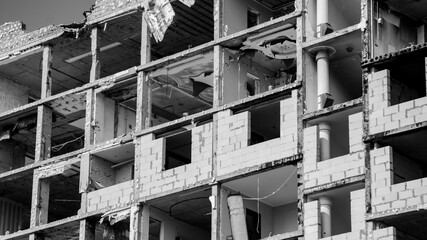 ruined street and destroyed houses the city Kiev war in Ukraine