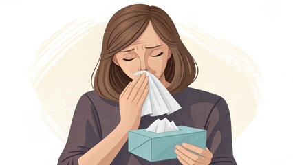Woman Sneezing with Tissue Box Illustration