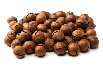 Macadamia nuts in a shell isolated on a white background.