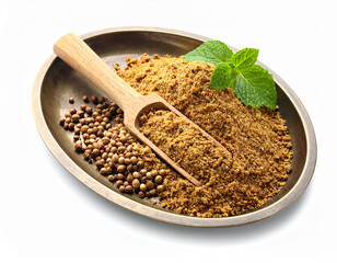Coriander Powder, Indian Spice and tray on white background