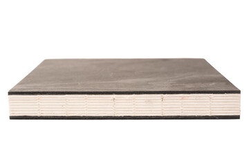 Grey notebook with blank pages isolated on a white background.