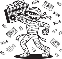 funny mummy dancing with boombox line art silhouette vector sticker