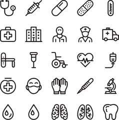 Medical & Healthcare Line Art Icon Sheet  25 Minimal Outline Icons Pack