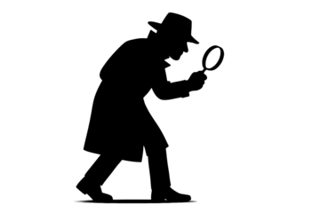 Silhouette of a male detective looking through a magnifying glass on a transparent background. Forensics. Search.