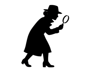 Silhouette of a detective with a magnifying glass on a transparent background. Investigation. Mystery.