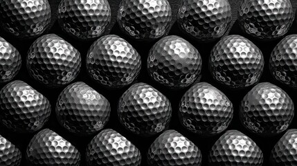 monochromatic, high-contrast photograph featuring a pattern of golf balls. tightly packed arrangement, with the golf balls filling the entire frame, creating a sense of depth and repetition.