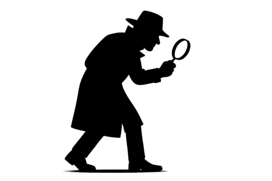 Silhouette of a male detective looking through a magnifying glass on a transparent background. Forensics. Search.