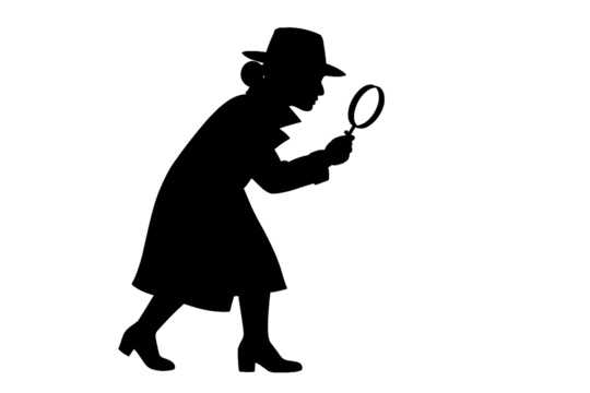 Silhouette of a detective with a magnifying glass on a transparent background. Investigation. Mystery.