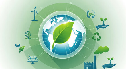 Global environmental sustainability concept, illustrated with icons representing renewable energy, recycling, and ecological awareness.