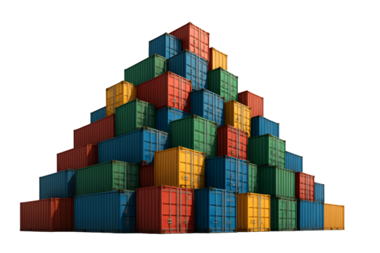 Pyramid of cargo containers on a transparent background. Logistics. Transport. Export.