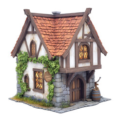 Obraz premium Charming miniature medieval house with a stone facade and a red tile roof.