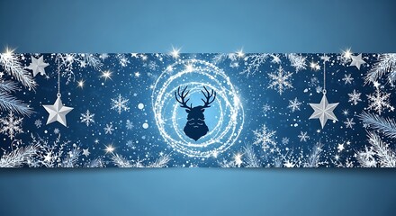 Festive Winter Wonderland Banner with Reindeer Silhouette and Snowflakes.