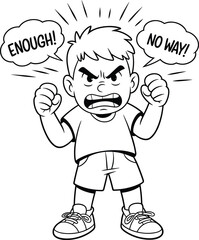 Angry cartoon boy shouting with fists clenched, expressing frustration and determination, black and white line art, emotional child illustration for kids