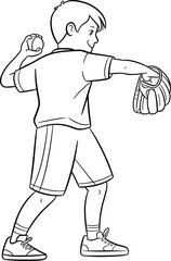Cartoon boy throwing baseball with glove, sports coloring page for kids, fun athletic activity illustration, youth playing outdoor baseball, line drawing